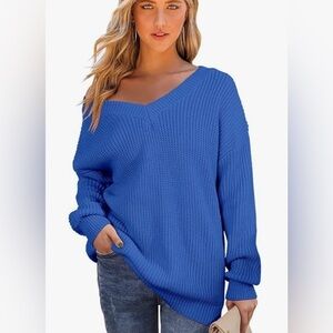Boho Blue V Neck Off Shoulder Tops Loose Chunky Knitted Pullover Sweater